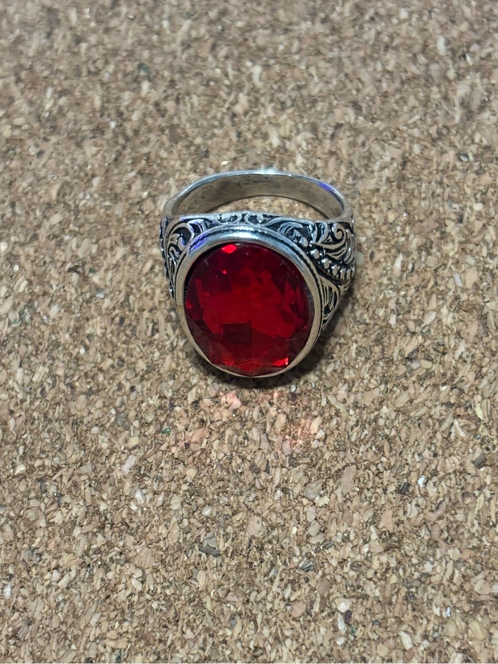 Vintage Gothic Style Oval Red Faceted Stone Silver Ring - Unbranded